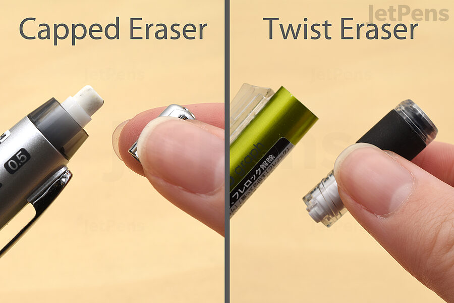 Determine what is covering the opening of the internal lead tube. We show a capped eraser (left) and a twist eraser (right).