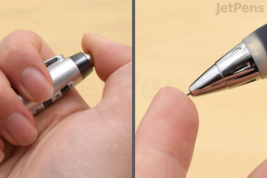 For push button and shaker mechanical pencils, hold the push button down and press the lead back into the tip.