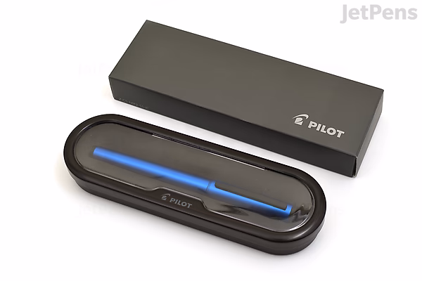 A gray Pilot Explorer fountain pen with a fine nib, displayed inside a black plastic case with a matching black box beside it.