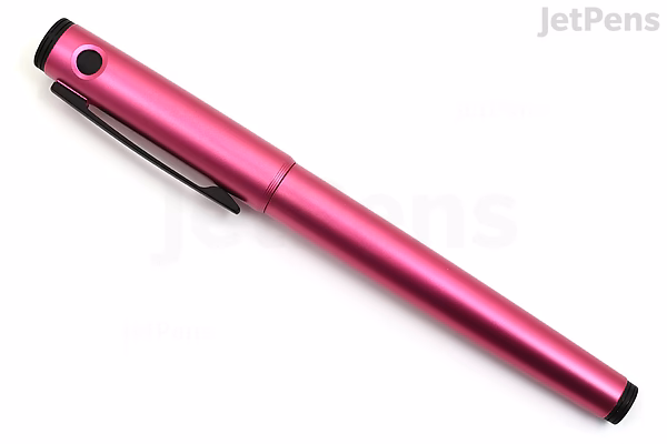 A sleek, metallic pink Pilot Explorer fountain pen with a fine nib, featuring a black clip and a rounded cap top.