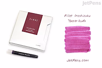 Pilot Iroshizuku Yama-budo ink cartridge packaging with six cartridges, a single cartridge, and a swatch of vibrant purple ink labeled "Yama-budo" (Wild Grapes).