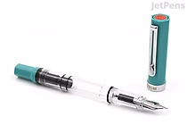 A TWSBI ECO Persian Green Limited Edition fountain pen with an extra fine nib, shown uncapped. The pen has a transparent barrel and a green cap with a silver clip and red accent on top. The cap is placed upright beside the pen.