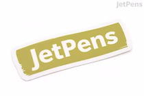 Sticker with the word "JetPens" in white lowercase letters on a light olive green rectangular background with rounded corners.