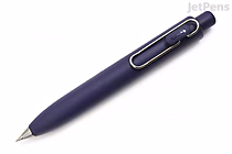 A Uni-ball One P gel pen with a 0.5 mm tip, featuring a grape-colored body and black ink. The pen has a sleek, matte finish and a metal clip.