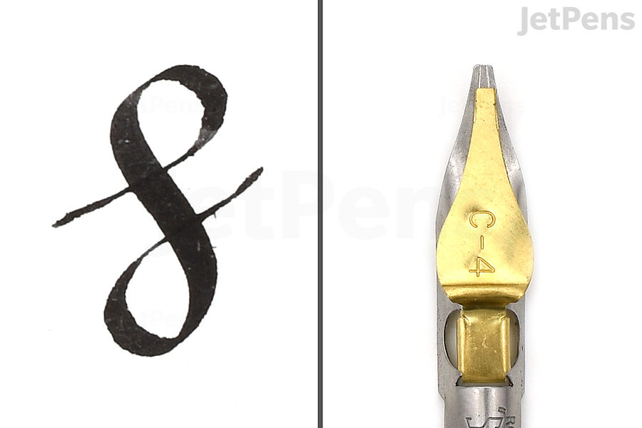 Writing sample and close up of a broad Speedball C Style nib.
