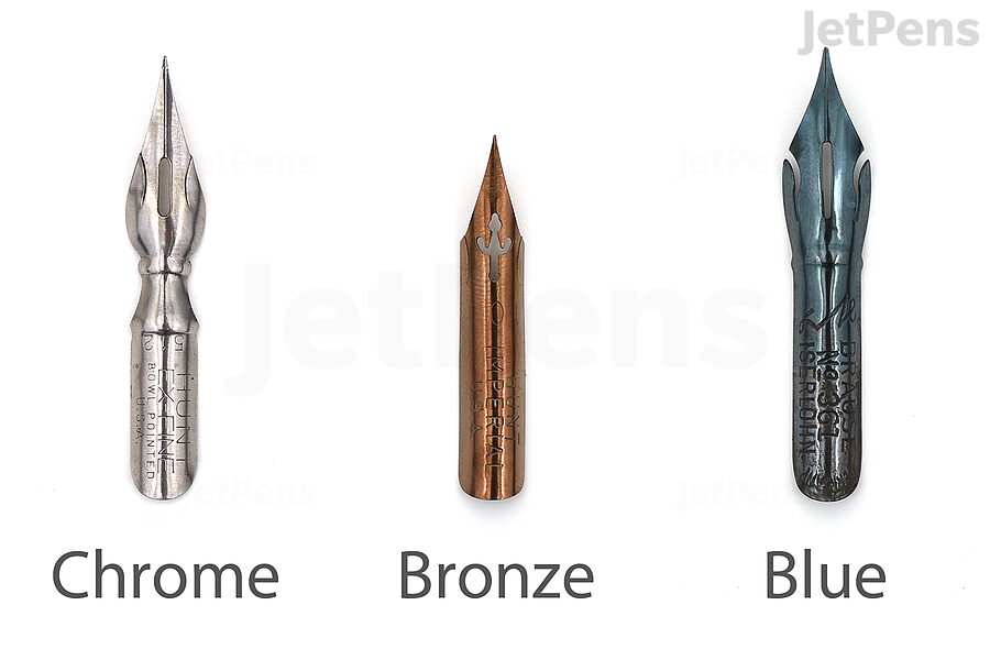 Most nibs are made of steel, and some are coated for cosmetic or practical reasons. From left to right: Speedball Hunt 512 EF, Speedball Hunt 101 Imperial, and Brause 361 Steno Blue Pumpkin.