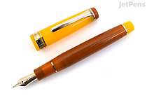Sailor Pro Gear Fountain Pen with cap removed, showing 21k gold extra fine nib. The pen features a brown barrel and a yellow cap with silver clip, part of the limited edition "Umi to Gekko" series.