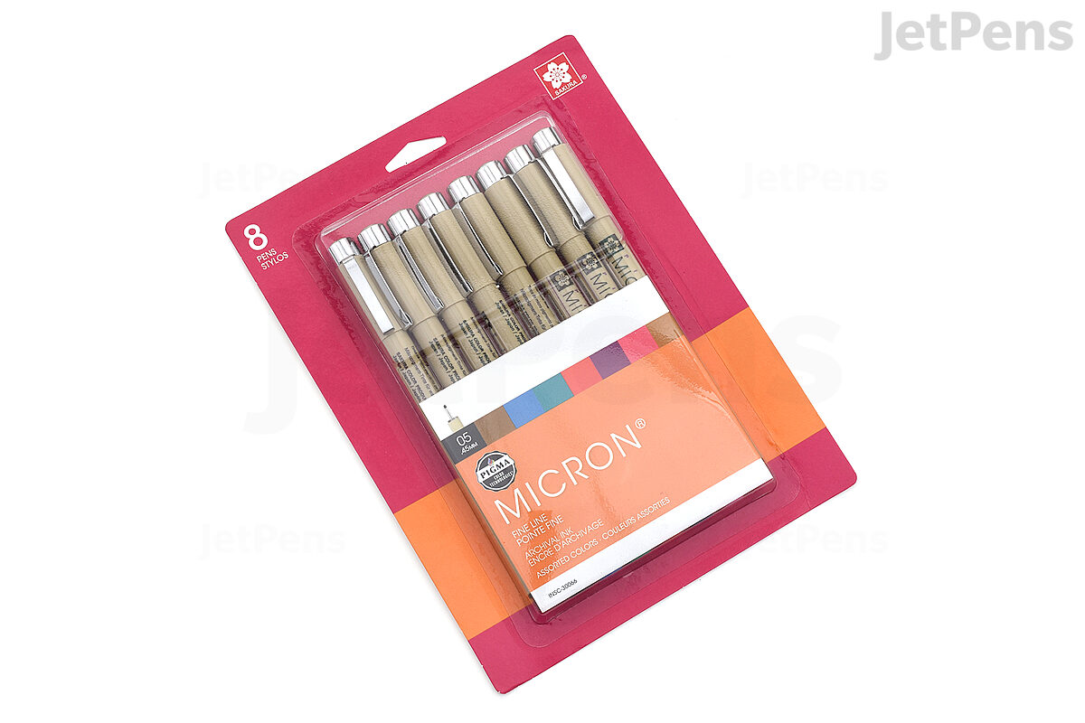 Sakura Pigma Micron PN Fineliner Pens - 0.4/0.5mm - 1 of Each Colour - Pack  of 8