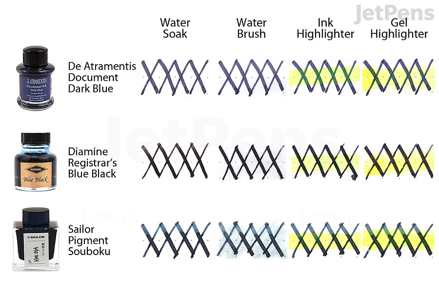 Water and highlighter resistance for De Atramentis Dark Blue, Diamine Registrar's Blue Black, and Sailor Pigment Souboku.