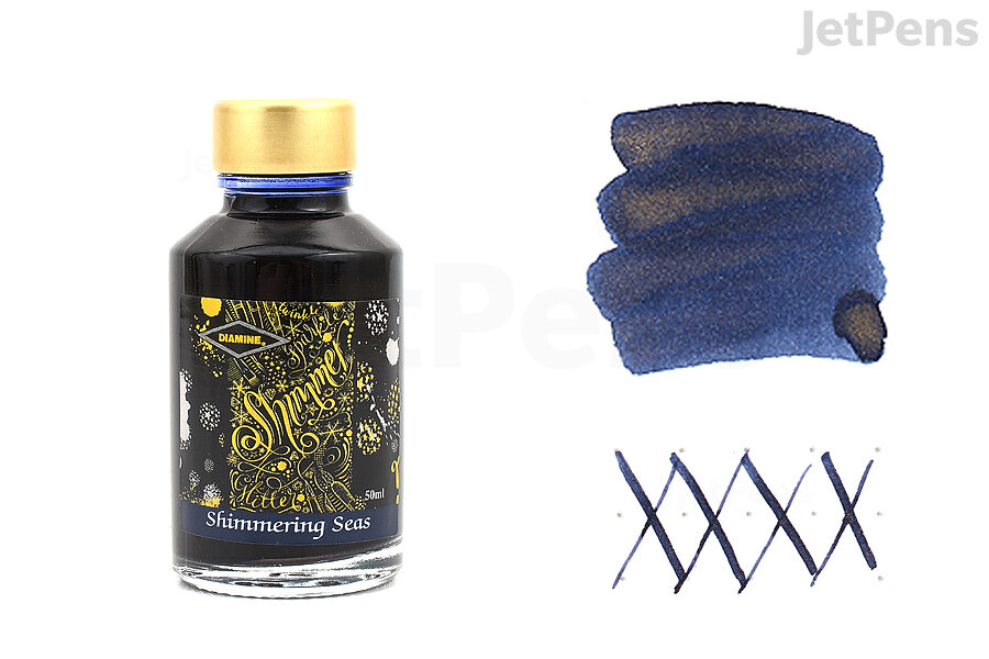 Diamine Shimmering Seas is a blue black ink with gold shimmer, evoking the feeling of glistening grains of sand swirling in dark ocean waters.