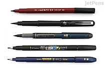 Five brush pens arranged horizontally on a white background, each with different designs and colors including red, black, gray, and blue, showcasing a variety of styles and brands.