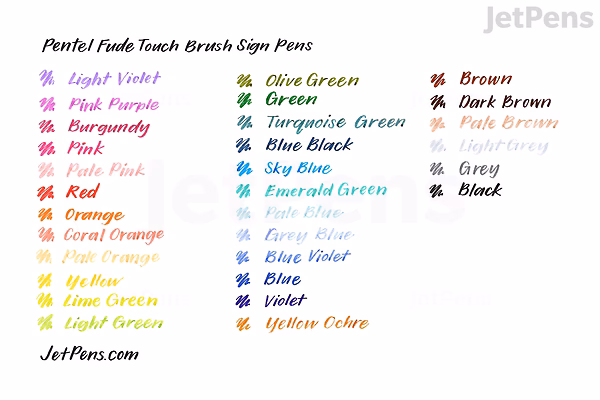 Image showing handwritten color samples of 12 Pentel Fude Touch Brush Sign Pen new colors from 2020, arranged in three columns with each color name written in its corresponding ink color.