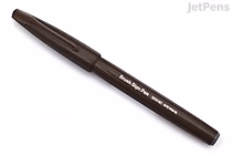 A Pentel Fude Touch Brush Sign Pen in dark brown color, shown with its cap on. The pen has a slim, cylindrical body with white text indicating the brand and model.