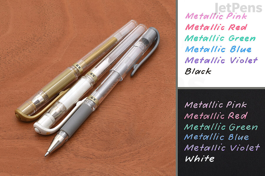 The Uni-ball Signo Broad UM-153 & Impact Gel Pens come in two metallic ink colors, plus white inks.