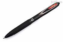 Image of a Uni-ball Signo 207 Plus+ gel pen with a 0.7 mm tip in red ink, featuring a black barrel and a clip on the cap.