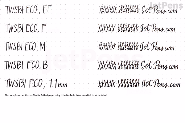 Handwritten ink samples demonstrating line variations from a TWSBI ECO Crème with Rose Gold Fountain Pen, Extra Fine nib, Limited Edition. The samples show writing in different nib sizes: Extra Fine (EF), Fine (F), Medium (M), Broad (B), and 1.1mm, each l