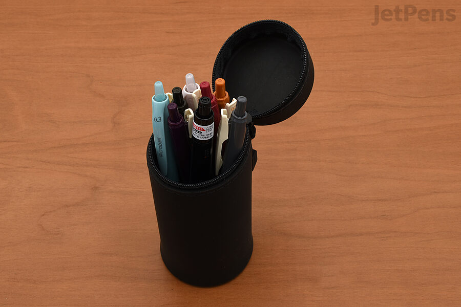 The Lihit Lab Smart Fit Actact Stand Pen Case pops up so you can see the items inside better.