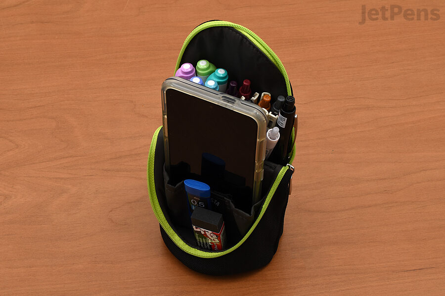 The Sonic Sma Sta Standing Pen Case trasnforms into a pen cup and phone stand.