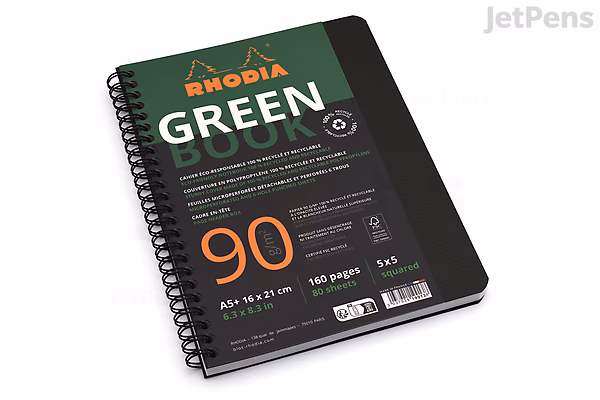 Spiral-bound Rhodia Greenbook notebook measuring 6 by 8.3 inches with a black cover featuring green and orange text, labeled as a graph paper notebook with 90 sheets.