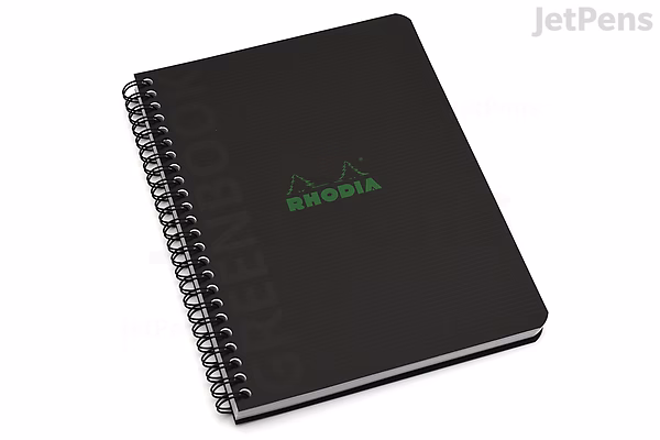 Spiral-bound Rhodia Greenbook notebook with a black cover, measuring 6 by 8.3 inches, featuring graph paper inside. The cover has the Rhodia logo and name in green.