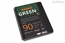 Spiral-bound Rhodia Greenbook notebook measuring 6 by 8.3 inches with lined pages, featuring a black cover and green and orange text.