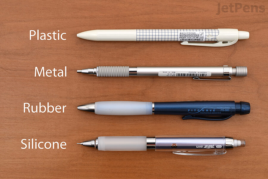 The Pilot Fure Fure Me has a plastic grip, while the Staedtler 925 Series has a metal grip. The rubber grip on the Kokuyo Fitcurve is firmer than the silicone grip on the Uni Alpha Gel Kuru Toga.