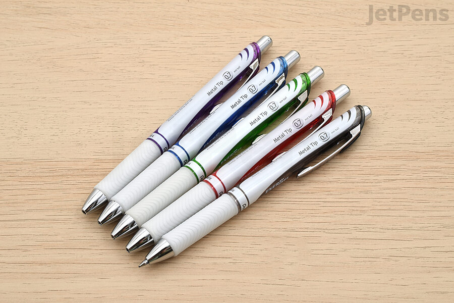 The Pentel EnerGel Pearl Gel Pen has a white grip and colored accents that match the ink inside.