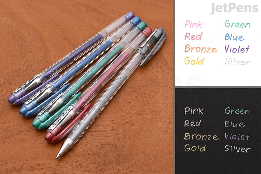 The Uni-ball Signo Noble Metal Metallic Gel Pen is filled with sheening ink.