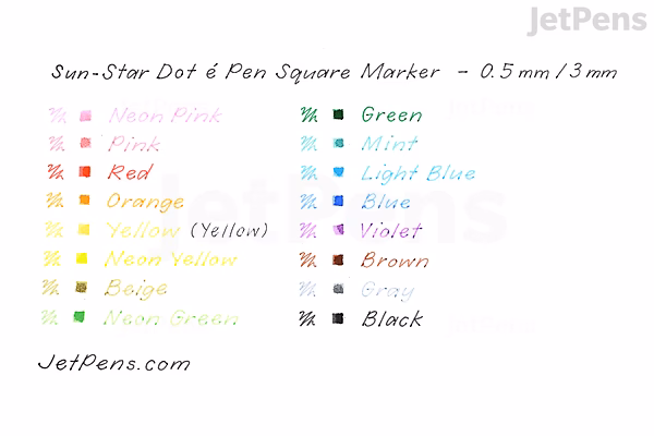 Color chart showing Sun-Star Dot & Pen Square Marker colors with corresponding color names and small colored dots next to each name.