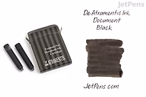 Photo of a pack of De Atramentis Document Black Ink cartridges, showing five black ink cartridges next to the packaging. To the right, there is a swatch of black ink with the text "De Atramentis Ink Document Black" above it.