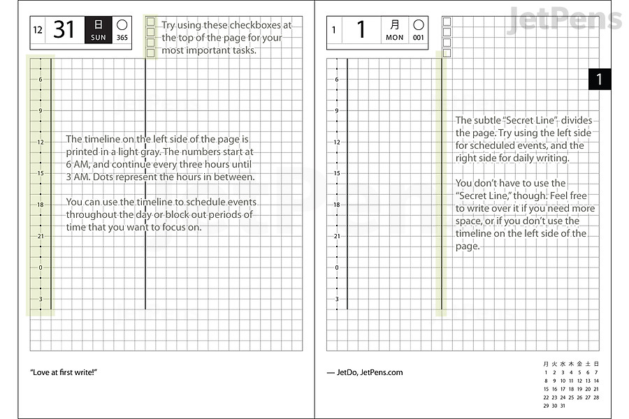 The Hobonichi Techo A6 Original and A5 Cousin layouts have checkboxes, timelines, and “Secret Lines.”