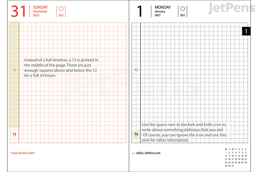 The Hobonichi Techo A6 Planner features a simple layout with a subtle timeline.