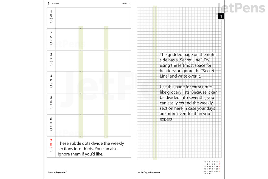 The Hobonichi Techo Weeks has subtle divider dots on its weekly page and a “Secret Line” on its gridded page.