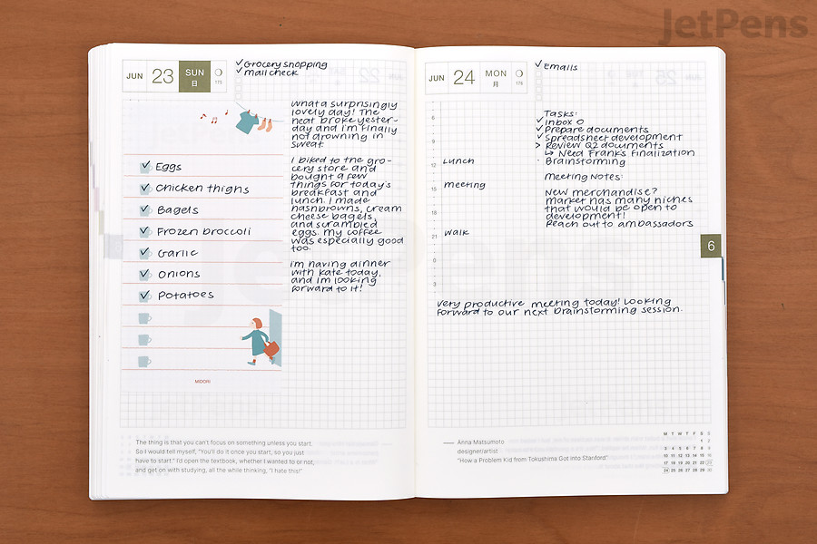 We created an example spread in the Hobonichi Techo A5 Cousin.