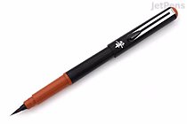 A Pentel Pocket Brush Pen with a black body and a reddish-brown cap and grip section, featuring a fine brush tip. The pen is shown against a white background.