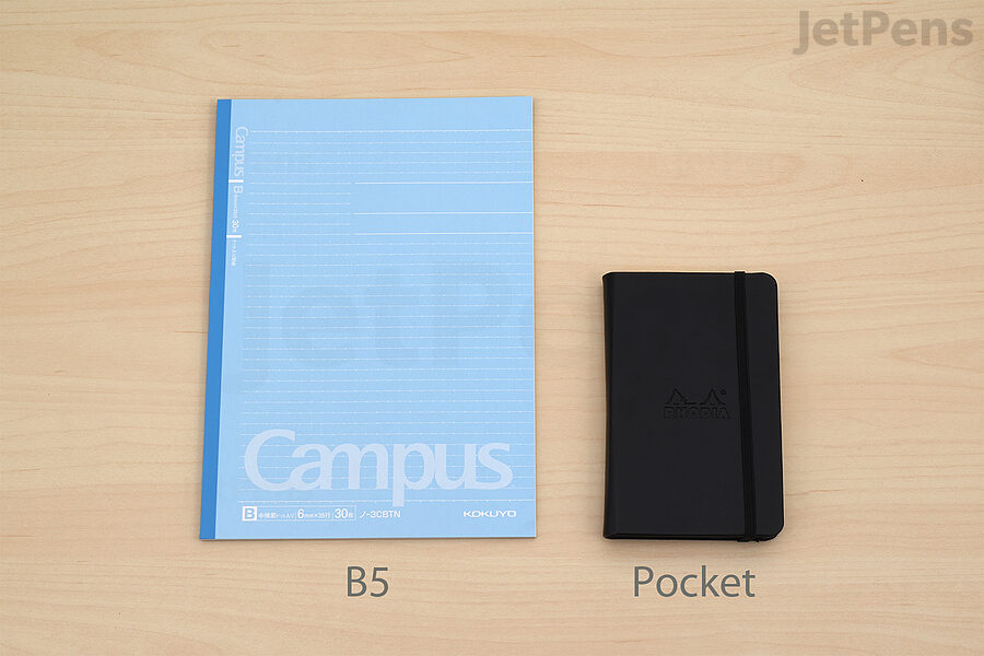 A B5 Kokuyo Campus Notebook (left) has more space for writing and a pocket size Rhodia Webnotebook (right) is more portable.