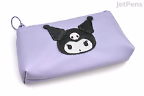 A lavender rectangular pencil case featuring a stitched patch of Kuromi, a Sanrio character with a black jester hat adorned with a white skull, on the front. The case has a zipper closure with a small loop on one end.