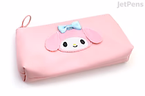 Pink rectangular pencil case featuring a soft, fluffy patch of the Sanrio character My Melody's face with a blue bow on top.