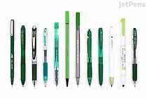 A collection of twelve green pens and markers arranged in a row on a white background, showcasing various shades of green and different pen styles, including gel pens, ballpoint pens, and highlighters.