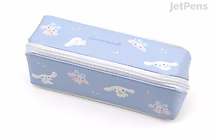Light blue rectangular pencil case with a zipper, featuring cute white Cinnamoroll characters and small colorful stars and clouds printed on it.