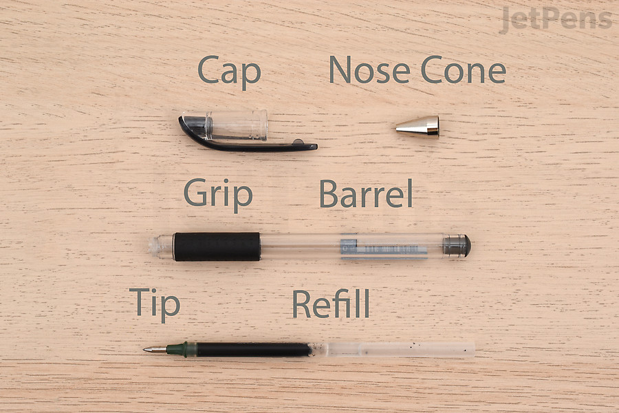 This image shows the parts of a gel pen.