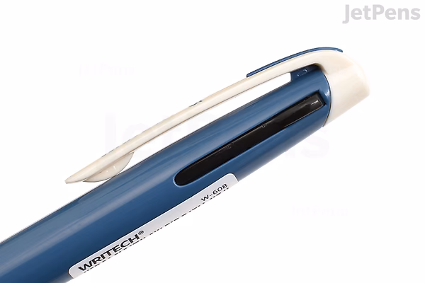Close-up image of a Writech dual color multi pen featuring a 0.5 mm tip, shown in a blue and white body with a black ink selector slider.