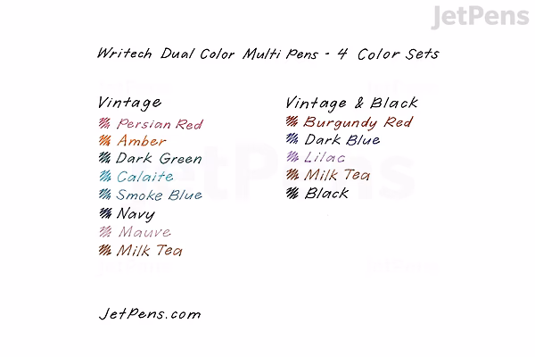 Color chart for Writech Dual Color Multi Pen 0.5 mm, showing 7 vintage colors (Flamingo Red, Pink, Dark Green, Calamine, Smoke Blue, Navy, Milk Tea) and 7 black shades (Burnt Umber, Dark Blue, Black, Milk Tea, Black).