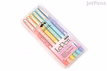 A clear plastic case containing six Marvy Le Pen fine point marker pens in pastel colors: pink, orange, yellow, green, blue, and purple. The packaging label is pink with black text.