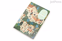 A B6-sized Midori Yuru Log Notebook with a cream MD paper and 5mm dotted grid. The cover features whimsical forest animals and trees in a playful, illustrated style.