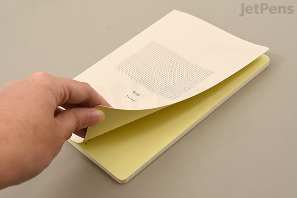 A hand flipping through the pages of a beige Midori Yuru Log Notebook, B6 size, featuring MD Thick paper with a 2 mm grid pattern. The notebook is open on a neutral surface.