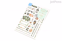 Two sheets of Midori Yuru Log removable stickers featuring illustrated forest animals, plants, and nature-themed decorative elements in soft, muted colors.