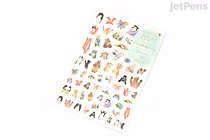 A sheet of Midori Yuru Log removable stickers featuring various small, colorful animal illustrations, including cats, dogs, rabbits, and birds, arranged in rows on a white background.