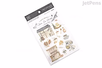 Two sheets of MU Print-On Transfer Stickers titled "Coffee Break," featuring illustrations of coffee cups, coffee makers, pastries, and cozy café scenes in soft, warm colors.