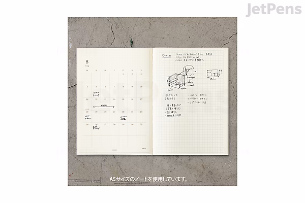 Midori MD Diary 2025 Stickers sheet featuring date and calendar icons designed for planners and diaries, displayed on a neutral background with a sample diary page showing sticker usage.